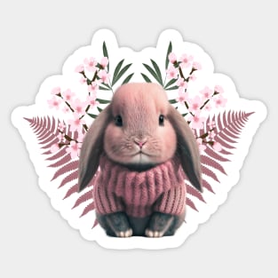 Adorable baby rabbit in pink wool sweater - beautiful flowers and leaves Sticker